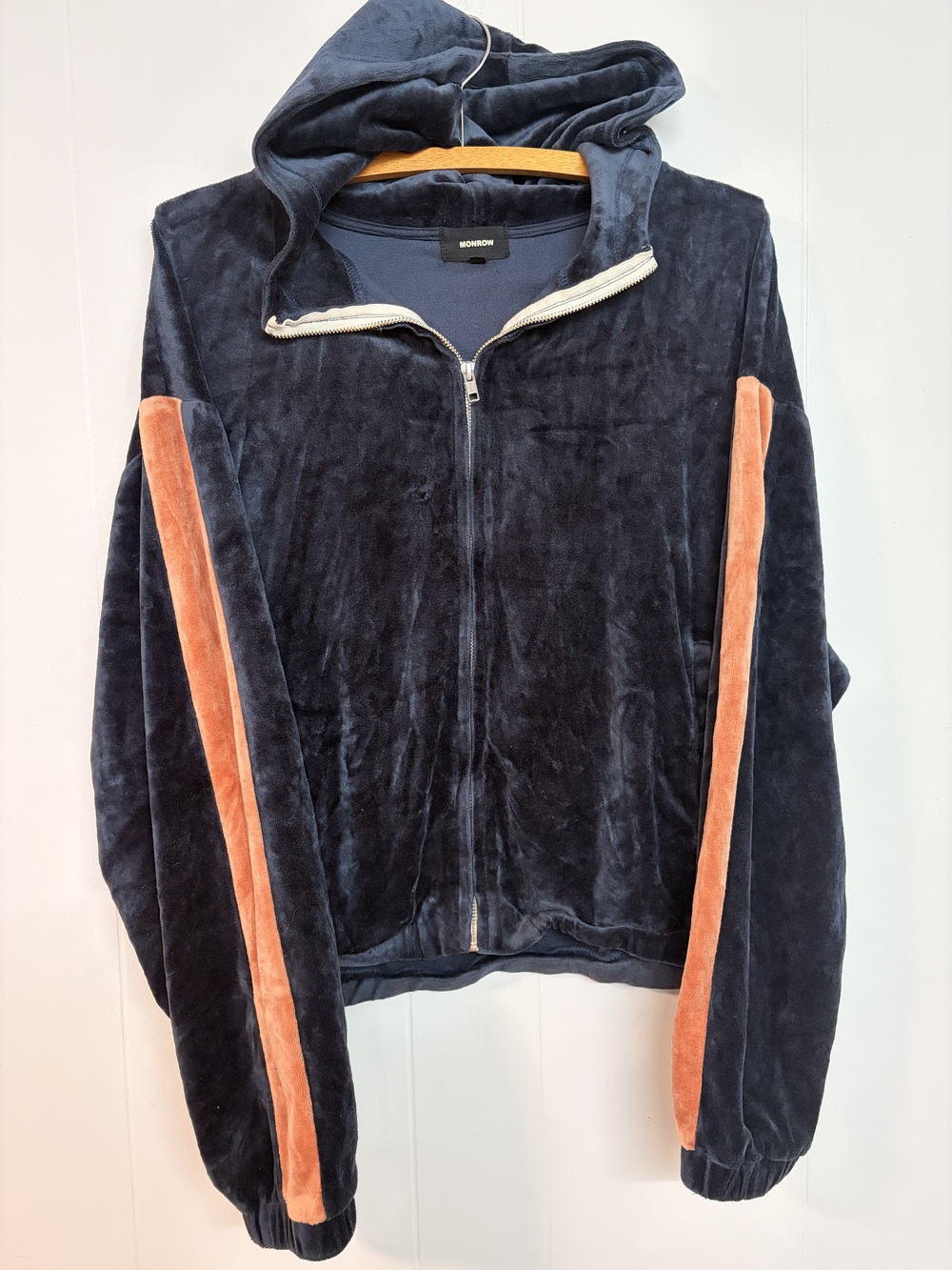 Monrow Women's Velour Tracksuit Navy Blue Orange Hoodie Pants Set Size XL